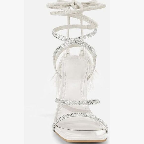 Rhinestone Embellished Open Square Toe Strappy Lace Up Heels - White new - Picture 5 of 12